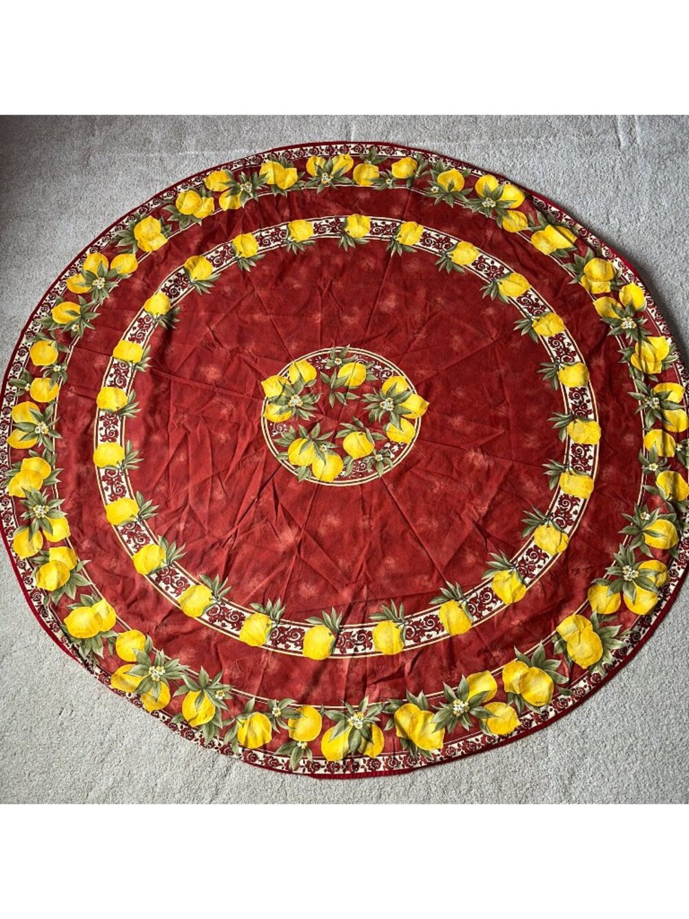 Vintage 90s Red Yellow Lemon Print Round Tablecloth 68 Cottagecore Shabby Kitche